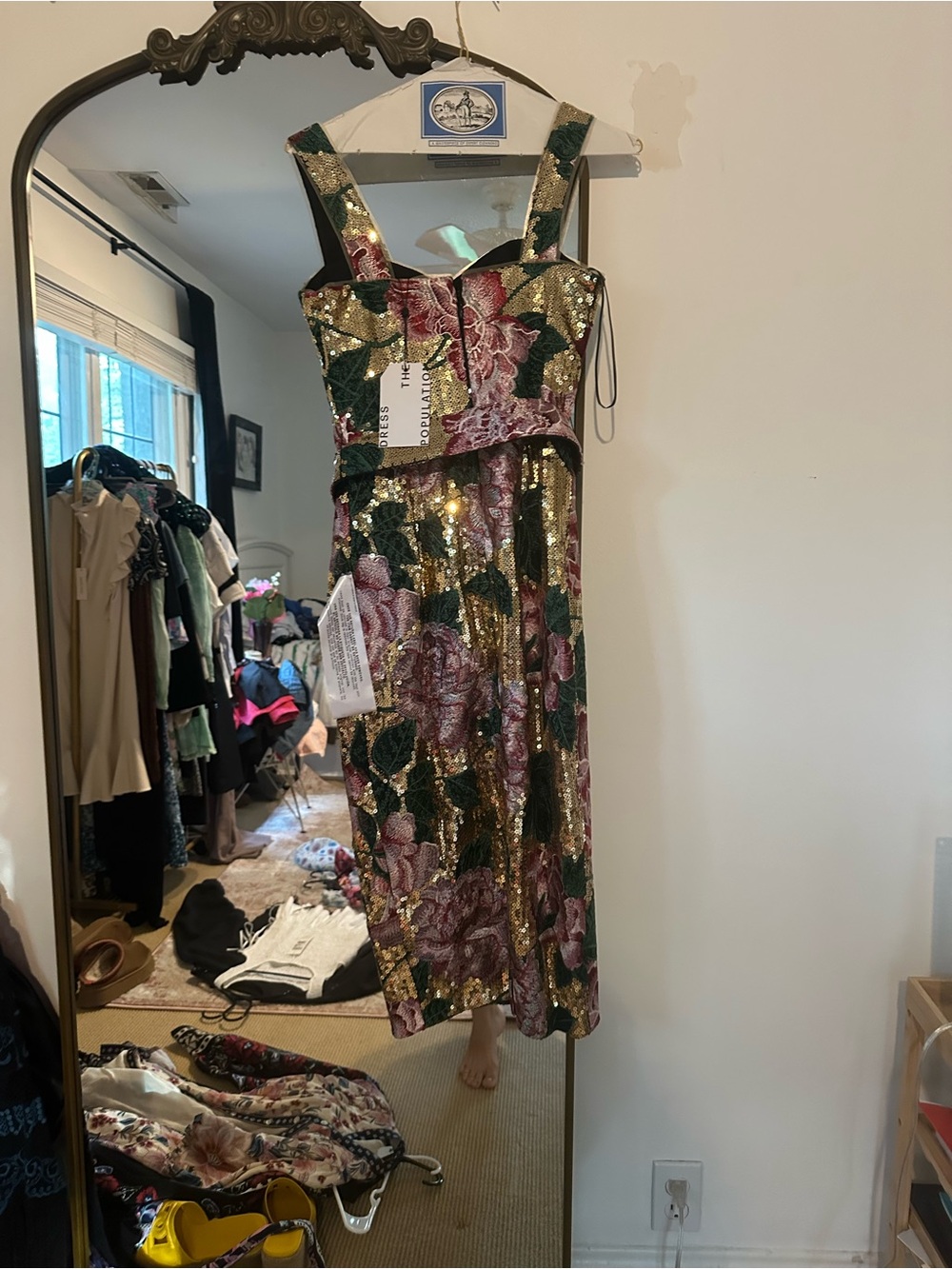 Dress the Population Sequined Floral Midi Dress in Green, Pink & Gold